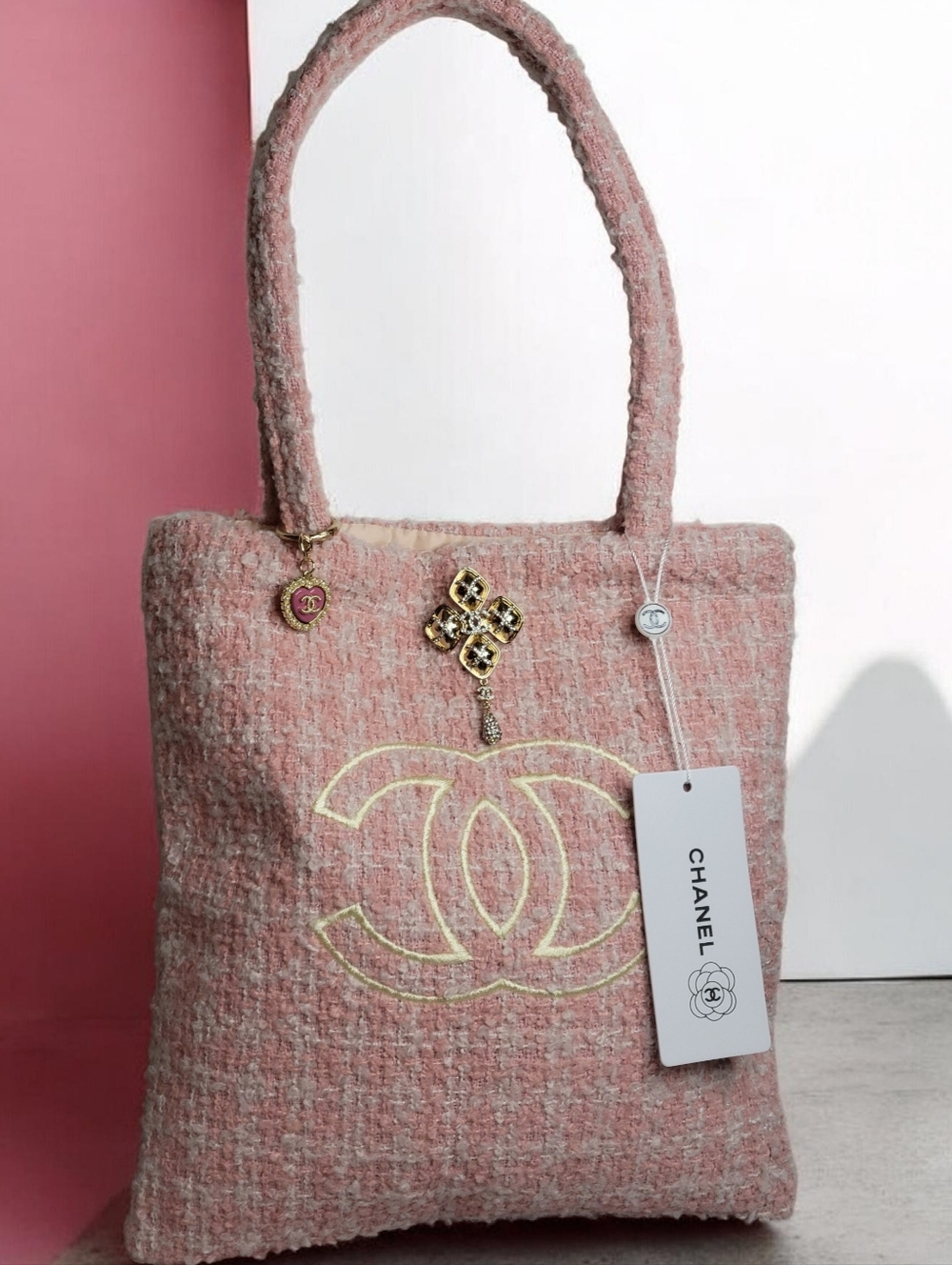 11" x 12" Pink Tweed Chanel Tote, New, GWP, CC Keychain Heart Charm & Brooch